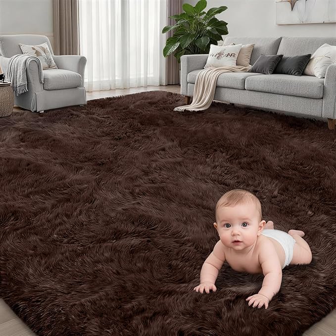 Fluffy 4x6 Area Rugs for Living Room Bedroom: Ultra Soft Shag Rug Non-Slip Non-Shedding Small Plush Bedside Rug Indoor Floor Carpets for Kids Room Playroom Entryway Nursery Dorms Home Decor Brown