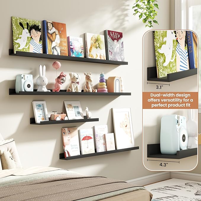 Fun Memories Picture Ledge Shelves Set of 4, 32 Inch Rustic Wall Mounted Floating Shelves with Lip for Home Storage and Décor in Bathroom, Kitchen, Nursery, Bedroom, Living Room, Black
