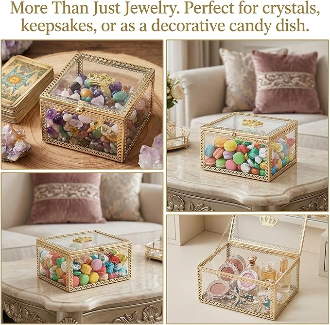 Veemoon Elegant Small Glass Jewelry Storage Box Clear Decorative Jewelry Display Case Lady Square Keepsake Box Trinket Organizer Vintage Make up Storage can for Earrings Pendants Cosmetic, 3.5×2.3"