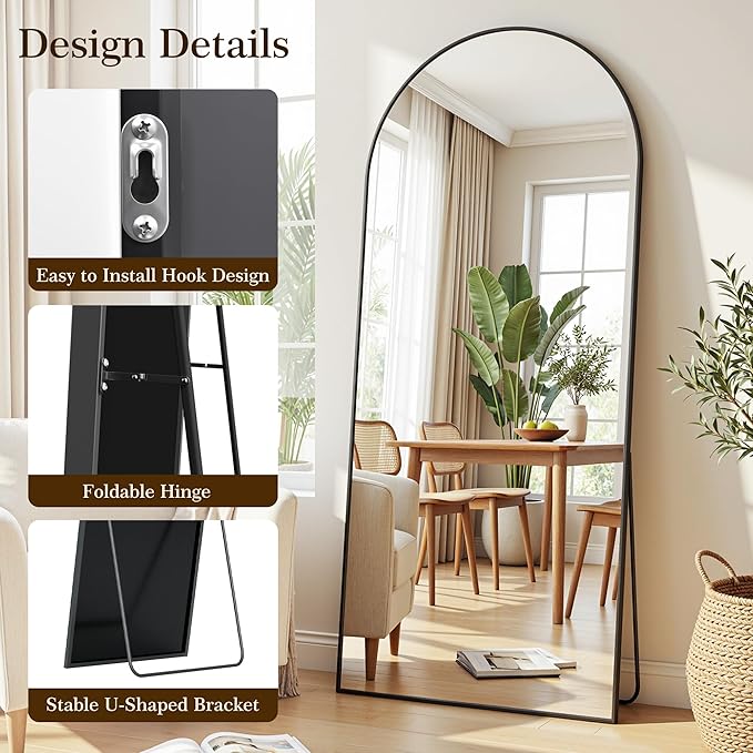 76"x34" Arched Full Length Mirror with Stand, Free Standing Leaning Wall Mounted Aluminum Alloy Frame Mirror for Bedroom Living Room Cloakroom, Black