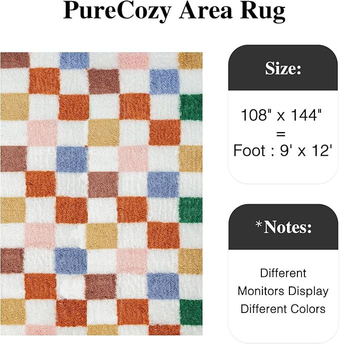 PureCozy Checkered Rug 9x12 for Living Room, Modern Neutral Shag Rug Washable Non-Slip Large Area Rug Super Soft Indoor Fuzzy Carpet Fluffy Rugs for Bedroom Home Aesthetic Decor