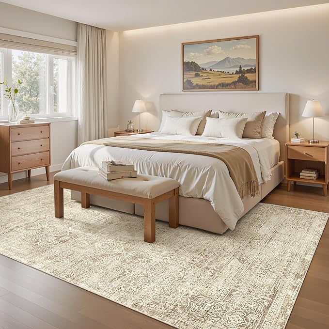 Soalmost 6x9 Area Rug for Living Room Floral Washable Non-Slip Modern Rugs for Bedroom Dinning Room Ultra-Thin Indoor Brown