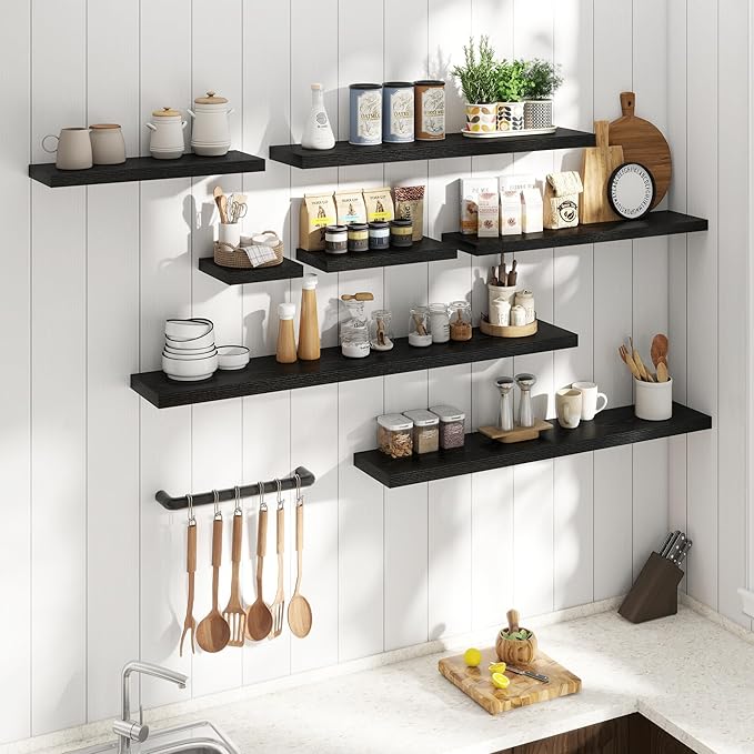 24 Inch Floating Shelves for Wall with Invisible Brackets Set of 2, 8"D Engineered Wood Wall Shelves with Wood Grain for Living Room, Bedroom, Bathroom, Kitchen Decor and Storage, Black Finish