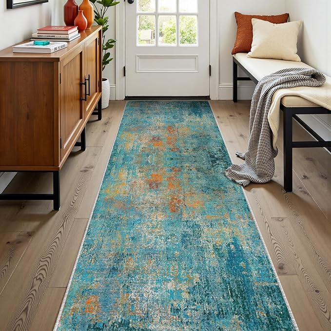 RELEANY Washable Area Rugs 2'x8' Non-Slip Modern Abstract Soft for Living Room Entryway Bedroom Nursery, Print Pattern, Teal Blue Green Orange Rust Red Coloreful