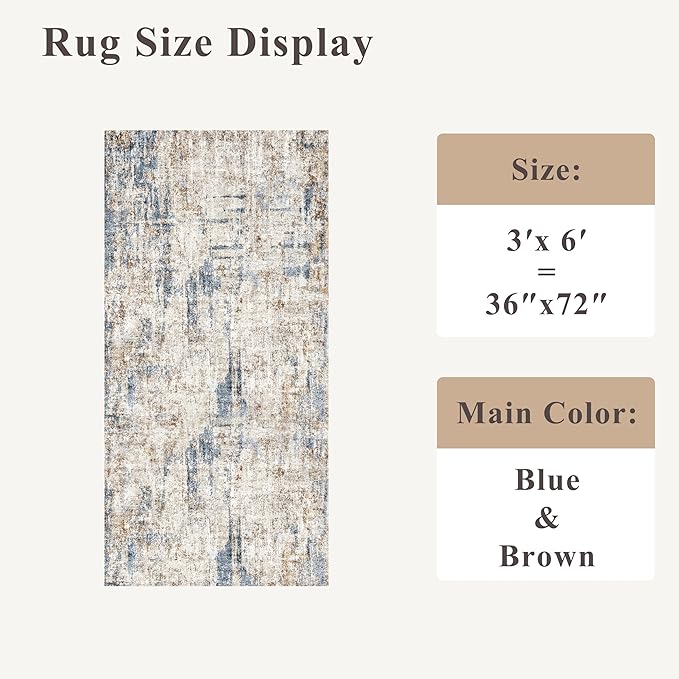 3x6 Washable Non-Slip Kitchen Runner Rug – Modern Abstract Wide Floor Carpet Runner with Rubber Backing for Entryway, Hallway, Bathroom, Living Room, Low Pile Thin (Blue Brown)