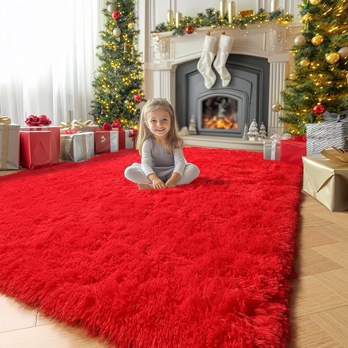 Amdrebio Red Area Rugs for Living Room Bedroom, Christmas Rug 6x9, Large Red Carpet, Plush Fuzzy Furry Rug for Kids Playroom, Fluffy Shaggy Throw Carpets for Dorm, Aesthetic Rugs for Boys Room Decor
