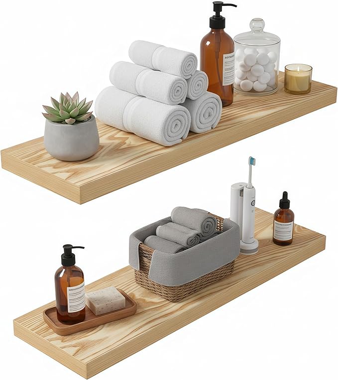 Lufia Floating Wall Shelves, Set of 2, MDF with Invisible Brackets, Modern Storage for Bedroom, Bathroom, Living Room, Kitchen (Oak, 24" W x 7" D x 1.5" H)