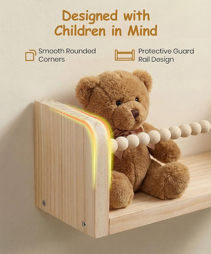 Nursery Book Shelves for Wall Set of 3, Natural Wood Bookshelves Wall Decor, Small Floating Shelf Organizer for Kids Room, Bedroom, Kitchen Spice Rack