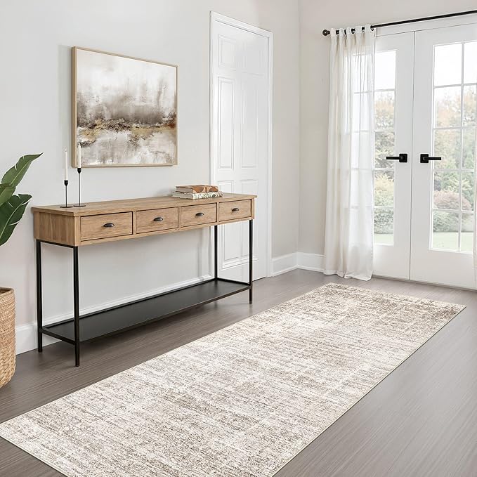 Runner Rug Non-Slip Kitchen Rug: 3x10 Washable Abstract Modern Soft Stain Resistant Indoor Floor Neutral Accent Throw Carpet for Hallway Bathroom Laundry Room Bedroom Entryway- Brown