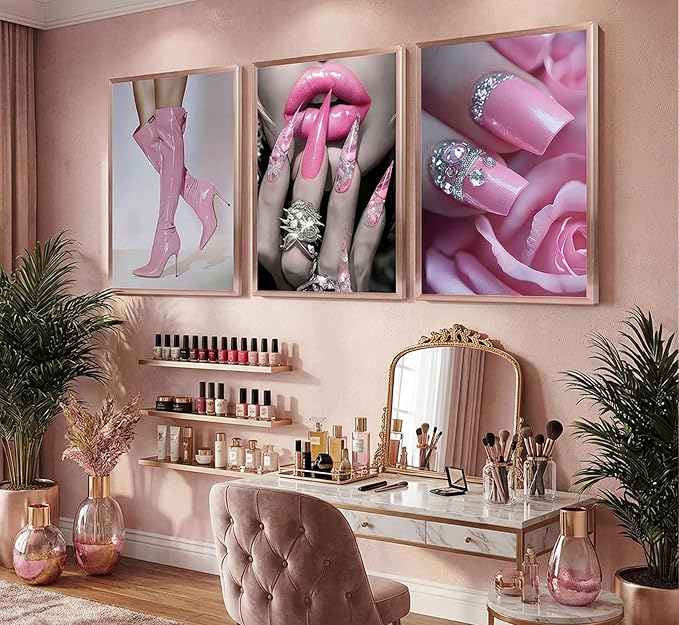 3pcs Fashion Pink Women Canvas Wall Art Glam Funky Maiden High Heel Posters Prints Paintings Elegant Dreamy Lips Pink Pictures Wall Decor for Living Room Bedroom Home Decoration Unframed