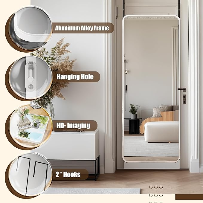 Antok Over The Door Mirror Full Length, 49'' x 14''Wall Mounted Hanging Mirror, Aluminum Alloy Frame, Shatterproof Glass, No Drill Installation for Bedroom, Closet, Bathroom, Dorm, Round Corner, White