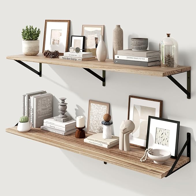 Marsmiles Deep Floating Shelves for Wall - 48 Inch Wide x 12 Inch Deep Wall Shelves Set of 2 - Rustic Wood Floating Shelves for Living Room Bedroom Bathroom