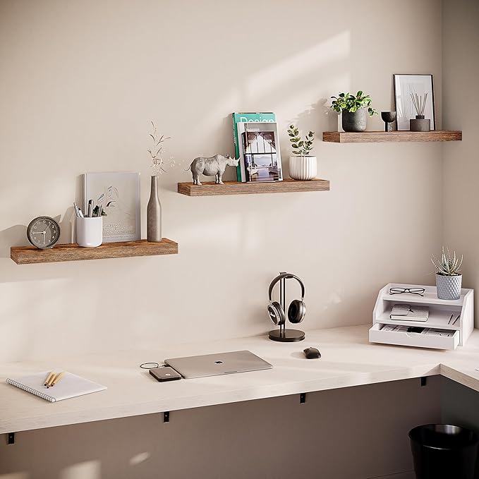 Ballucci Floating Shelves for Wall, 24" Wood Shelf Set of 3, Invisible Brackets Floating Shelf for Wall Decor Living Room, Bathroom, Bedroom, Kitchen, 6" Depth, Rustic Brown