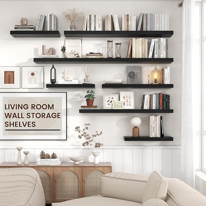 Venusmiles Floating Shelves for Wall, Engineered Wood Wall Shelves with Invisible Brackets for Living Room Bedroom Bathroom Office Kitchen Decor and Storage (Black, 48" W x 9" D x 1.5" H) Set of 2