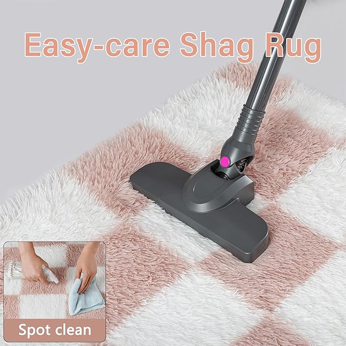 PureCozy Checkered Rug 5x8 for Living Room, Pink and White Modern Shag Rugs Super Soft Washable Indoor Office Fuzzy Carpet Non-Slip Fluffy Rugs for Bedroom Home Aesthetic Decor