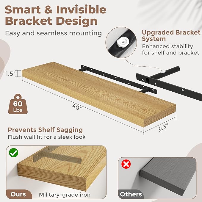 40 Inch Floating Shelves for Wall with Invisible Brackets Set of 2, 9"D Engineered Wood Wall Shelves with Wood Grain for Living Room, Bedroom, Bathroom, Kitchen Decor and Storage, Oak Finish