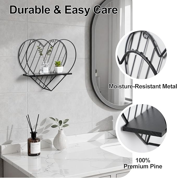 Afuly Floating Shelves - Black Wall Shelf, Heart Shaped Modern Minimalist Storage Rack Organizer for Bedroom, Bathroom, Living Room Home Decor