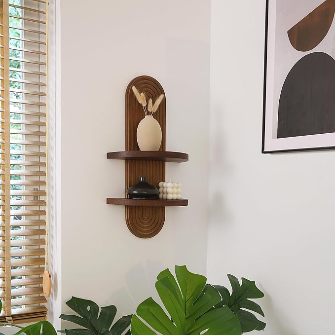 GRID FORTE Modern Wall Shelf with Arched Wood Design Mid-Century Double Floating Rainbow Shelves for Indoor Decoration Holding Planter Ornaments, 22 x 11.6 Inch (Walnut)