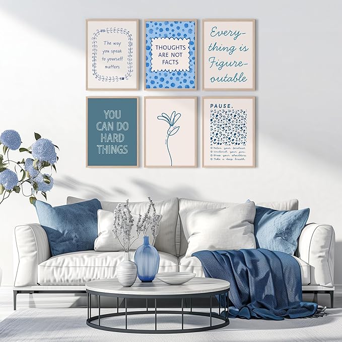 Mental Health Wall Decor Therapy Office Canvas Wall Art Posters Blue Boho Motivational Picture Psychology Artwork Inspirational Positive Quotes Prints for Counseling Office 8x10 Inch Unframed 6Pcs