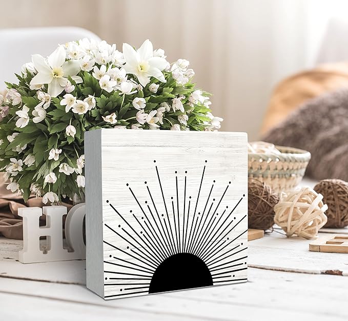 SRADMO Abstract Boho Black Sun Sunrise Sunset Sunshine Sunray Rustic Wood Box Sign Desk Decor, Boho Mid Century Modern Art Wooden Block Box Sign Decoration for Home Office Wall Shelf Table Decor