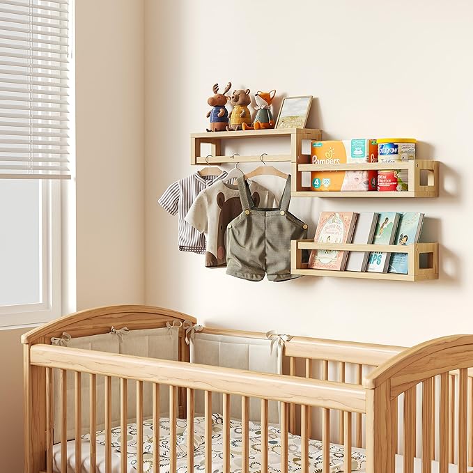 TidyCorner Upgraded Thick Floating Shelves - Multi-Use Wall-Mounted Bookshelves for Kids and Nursery, Ideal for Books, Toys, Spice Rack, Decor - NaturalWood