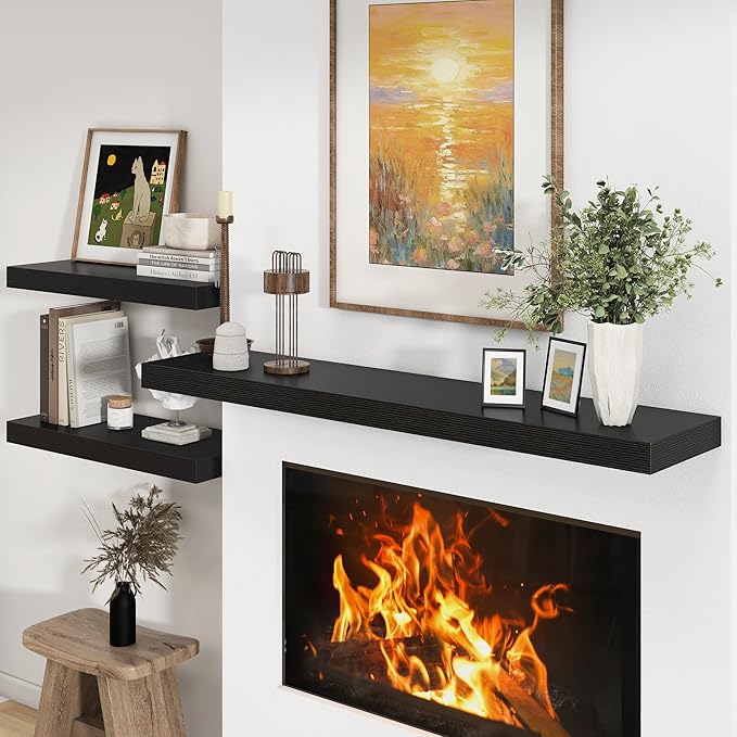 FLYJOE 12 Inch Deep Floating Shelves | 55 Inch Black Floating Shelves | 55" W x 12" D Rustic Wood Shelves for Wall | Deep Black Shelves for Living Room Bathroom Laundry Room Kitchen