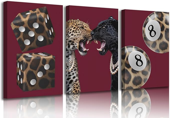 3Pcs Trendy Leopard Canvas Wall Art Funky Lucky 8 Ball Pictures Wall Decor Eclectic Cheetah Preppy Aesthetic Posters Prints Paintings for Bedroom Dorm Living Bathroom Decoration Prepare To Hang