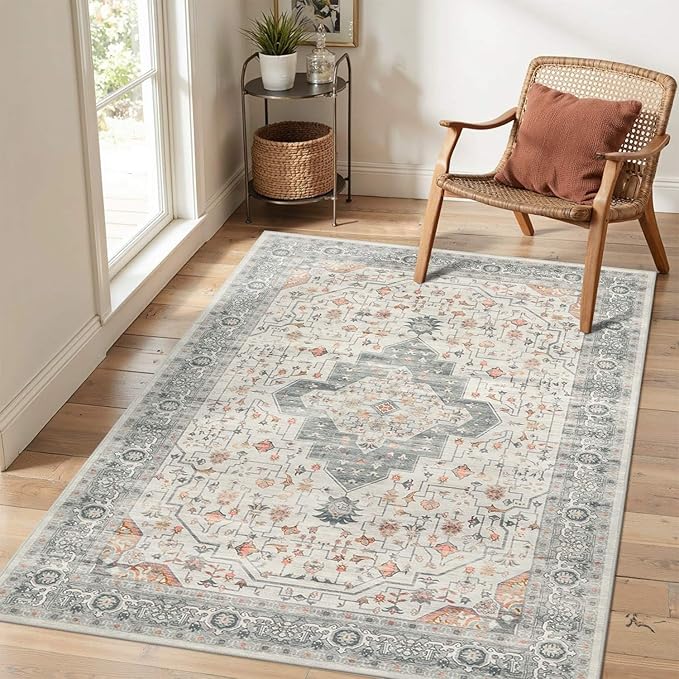 Rugxara Washable Area Rug for Living Room, Vintage Neutral Boho Rugs for Office, Dining Room, Kids Room, Farmhouse, Durable Low Pile Non Slip Carpet for High Traffic Areas, Taupe(4x6ft)