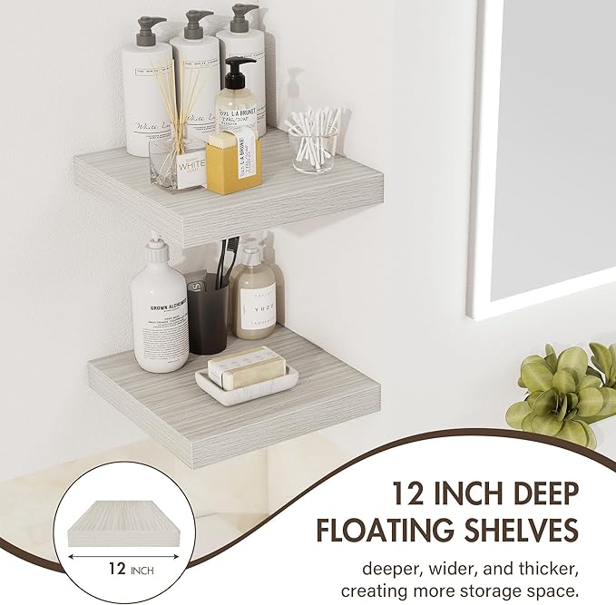 Acovy 12 Inch Floating Shelves, 12" Deep Floating Shelf Wall Mounted, 12" Wall Shelves, Rustic Deep Bookshelf, Extra Deeper Display Shelves & Storage Shelves for Bedroom, Living Room, Set of 3