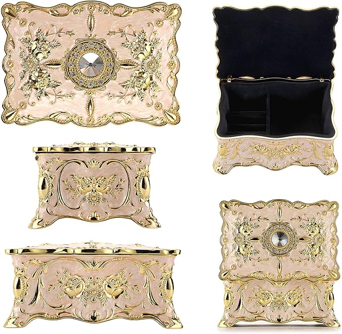 Hipiw Vintage Jewelry Organizer Box - Metal Trinket Storage Box Ornate Treasure Chest Box Jewelry Decorative box Keepsake Gift Box Case for Women,4.9"x3.4"x2.7"