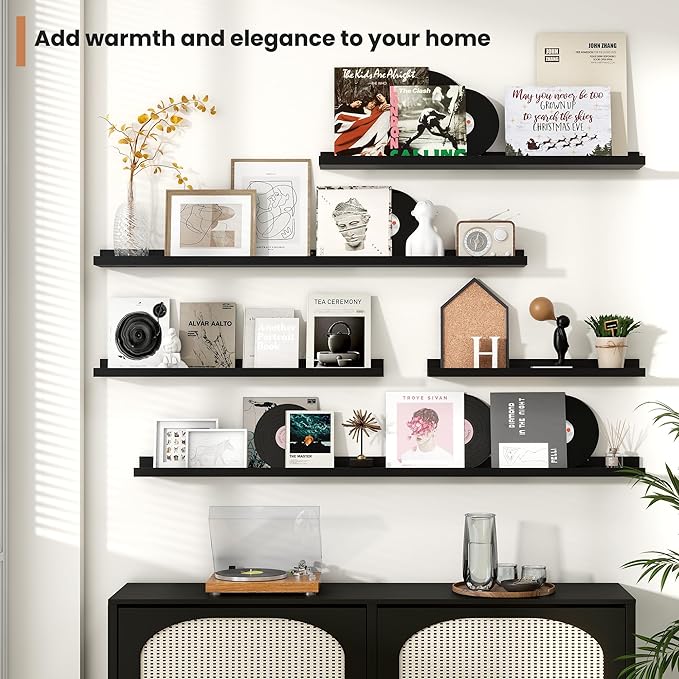 Fun Memories Picture Ledge Shelves Set of 2, 36 Inch Rustic Wall Mounted Floating Shelves with Lip for Home Storage and Décor in Bathroom, Kitchen, Nursery, Bedroom, Living Room, Black