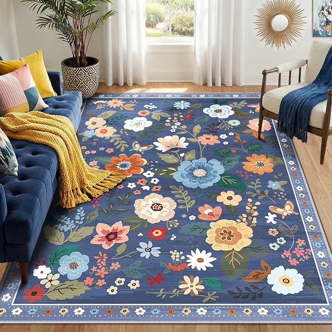RELEANY Floral Nursery 6x9 Area Rugs Washable Print Boho Cute Carpet Non Slip Flower Low Pile for Living Room Kids Girls Playroom Bedroom Kitchen Office Farmhouse-Blue/Grey