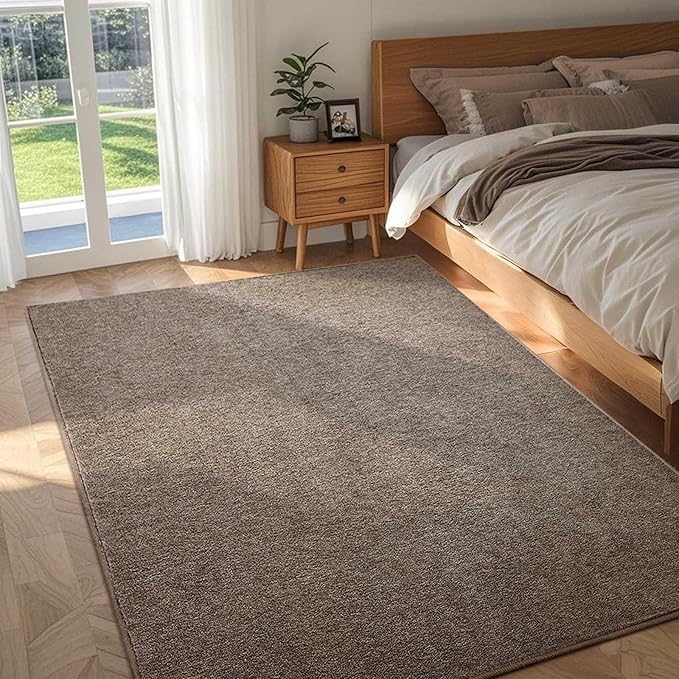 FinRèc 4x6 Washable Area Rugs for Bedroom Living Room, Low Pile Thin Rug Solid Color, Non-Slip Carpet Indoor for Home Decor (Brown/White)