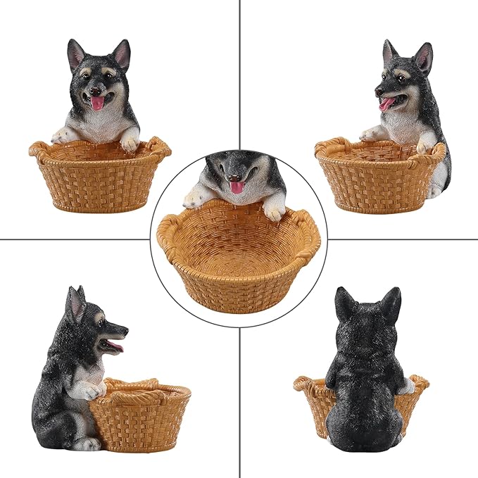 Dog Resin Storage Basket, Desktop Organizer for Remote & Keys, Cute Home Decor Tray, Ideal present for Pet Lovers.(Black Shiba Inu)