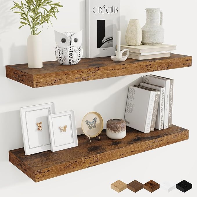 Fun Memories 9.3Inch Deep Floating Shelves for Wall, 32 Inch Rustic Wood Wall Mounted Shelves for Bathroom, Bedroom, Kitchen, Deep Floating Shelf for Storage & Home Decor (Brown, Set of 2)