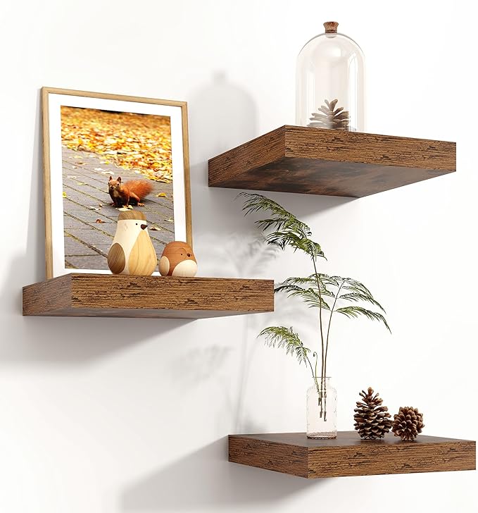 Square Floating Shelves for Wall 8"W x 8"D x 1.2"H, Small Engineered Wood Wall Shelves with Invisible Brackets for Living Room Bedroom Bathroom Office Kitchen Storage & Decor, Rustic Brown, Set of 3