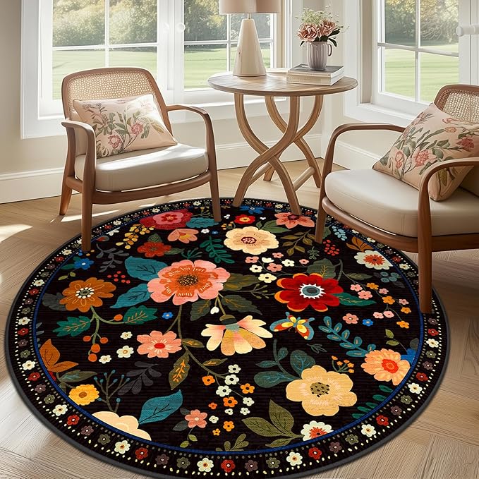 RELEANY Floral Nursery 6ft Area Rugs Washable Print Boho Cute Carpet Non Slip Flower Low Pile for Living Room Kids Girls Playroom Bedroom Kitchen Office Farmhouse-Black