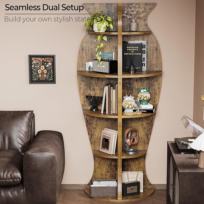 Small Corner Shelf, 5-Tier Vase-Shaped Bookshelf Organizer for Living Room Decor, Bedroom, and Office, Modern Freestanding Corner Bookcase for Storage and Display, Vases Home Decor Accent