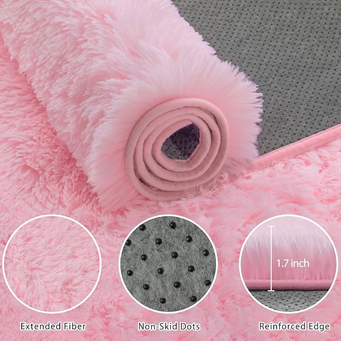 Fluffy Pink Area Rug for Bedroom Living Room Soft 5x7 Fuzzy Washable Rugs Non-Shedding Indoor Plush Rug for Nursery Kids Room Dorm Room Home Decor, High Pile Shaggy Floor Carpets(Pink 5'x7')