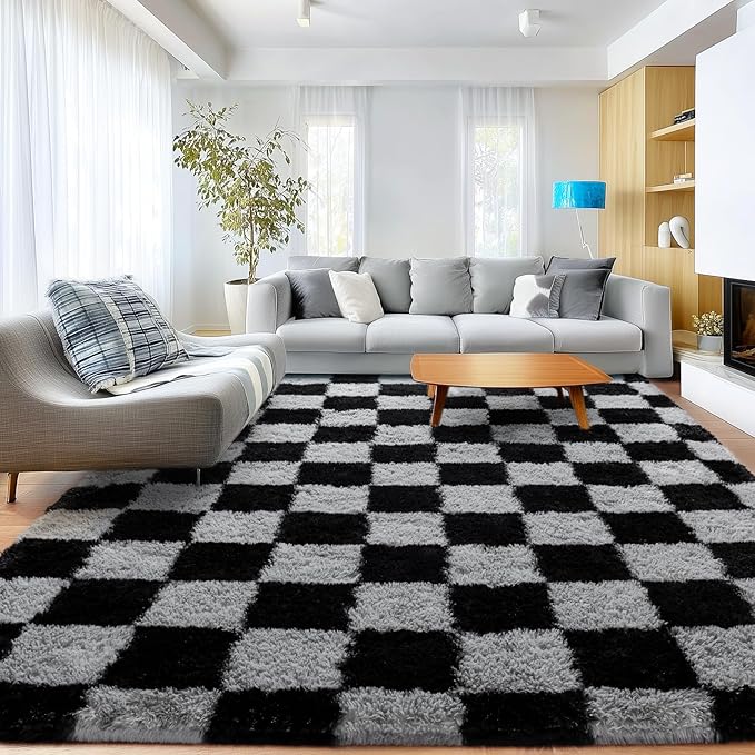Checkered Rugs for Living Room 6x9, Ultra Soft Fluffy Rug for Bedroom, Modern Shaggy Carpets Fuzzy Rug for Girls Boys Room Home Indoor Nursery Teens Dorm Decor, Upgrade Non-Slip Durable, Dark Grey