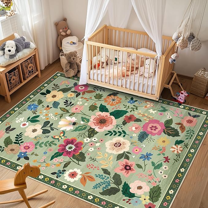 RELEANY Floral Nursery 8x10 Area Rugs Washable Print Boho Cute Carpet Non Slip Flower Low Pile for Living Room Kids Girls Playroom Bedroom Kitchen Office Farmhouse-Light Green