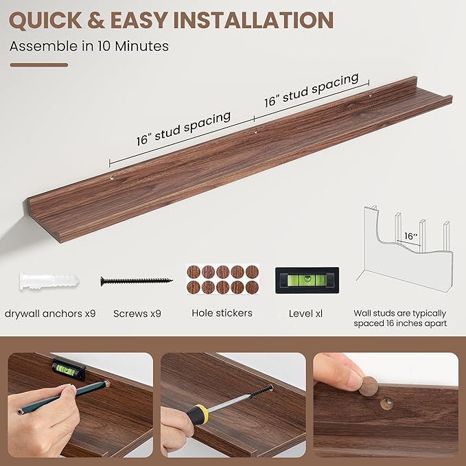 Fun Memories Picture Ledge Shelf, Floating Shelves Set of 4, 48 Inch Picture Shelves for Wall with Ledge, Large Nursery Book Shelf for Toys Storage, Living Room, Bedroom Decor Frames, Walnut