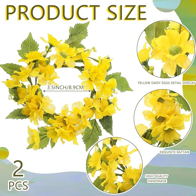 Daifunli 2 Pcs Spring Yellow Daisy Candle Ring Vibrant Floral Candle Wreath Ring for Pillar 3.9 Inch Candles Holder for Wedding Season Dining Table Centerpiece Decor