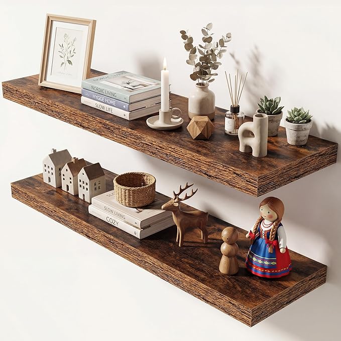 Dreamland 36 Inches Floating Shelves for Wall, 9.3" Deep Long Floating Shelves Set of 2, Large Display & Storage Shelf, Wall Shelf for Bathroom Bedroom Living Room Kitchen Office, Rustic Brown