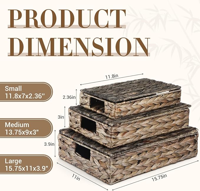 3 Pcs Wicker Storage Baskets with Lids 16" 14" 12" Water Hyacinth Pantry Baskets Woven Organizers Decorative Storage Boxes for Organizing Shelves, Bedroom, Living Room(Black)