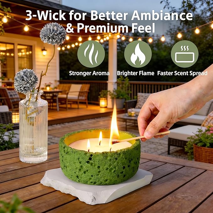 Viyffo Large Citronella Candles Outdoor, 3 Wick 20oz Citronella Candle Indoor, Non Toxic Soy Scented Candle, Green Ceramic Jar for Patio, Deck, Garden, Backyard, Camping, Home Fragrance, Décor & Gift