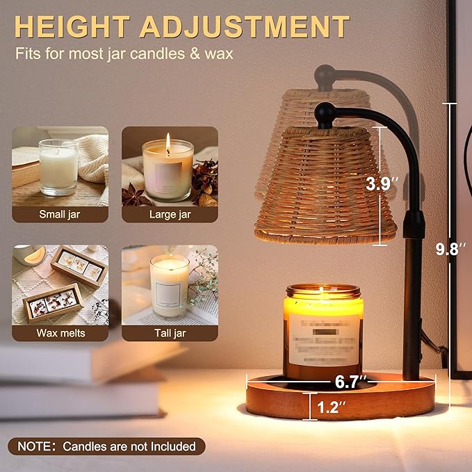 Candle Warmer Lamp with Timer Dimmer, Natural Weaving Boho Candle Lamp Birthday Gifts for Women, Mom, House Warming Gifts Wax Melt Warmer for Jar Candles with 2 Bulbs, Espresso