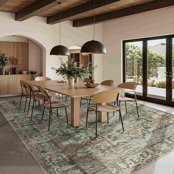 Rugxara 9x12 Area Rug for Living Room Bedroom, Extra Large Washable Rug, Green Vintage Retro Boho Rug, Non Slip & Low Pile Faux Wool Carpet for Indoor Dining Room and Kids Room(Green/Brown 9x12ft)