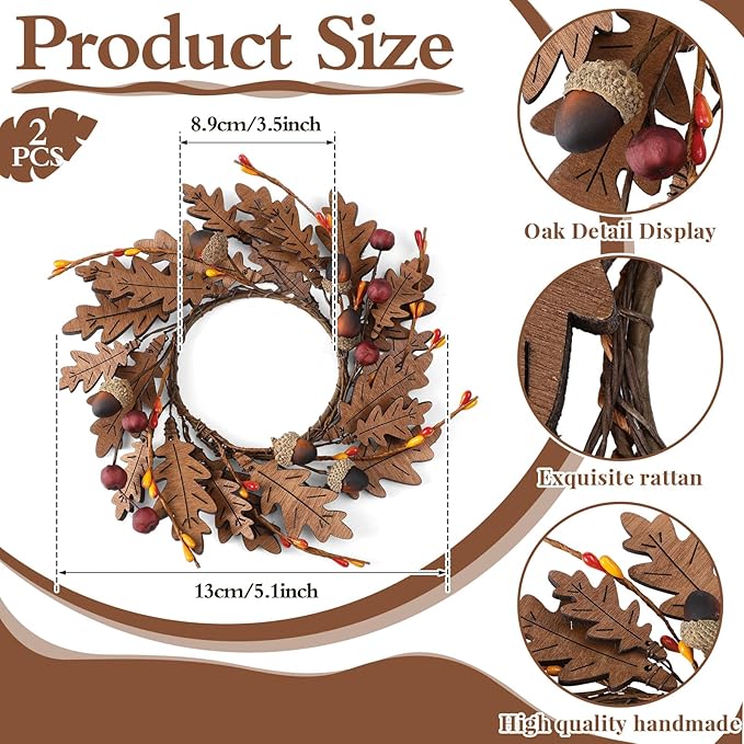 Daifunli 2 Pcs Fall Thanksgiving Candle Rings Maple Oak Leaves Acorn Vintage Wood Wreath for Pillar 3.9 Inch Candles Holder for Autumn Fall Thanksgiving Winter Christmas Rustic Table Centerpiece Decor