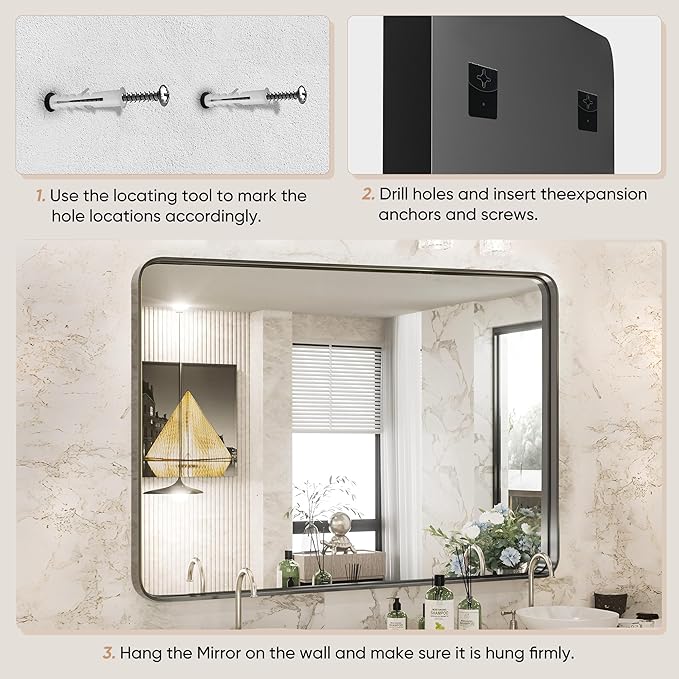 NEWBULIG 24X36 Inch Bathroom Wall Mirror, Vanity Bathroom Mirrors for Over Sink Tempered Glass, Anti-Rust Metal Framed Rounded Rectangle, Hangs Horizontally or Vertically, Farmhouse Home Decor, Black